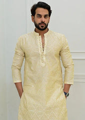Label M by Mohib Butter Yellow Raw Silk Embroidered Kurta