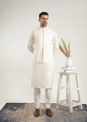 Bosky White Cotton Kurta Trouser & Waistcoat - Men - 3 PC