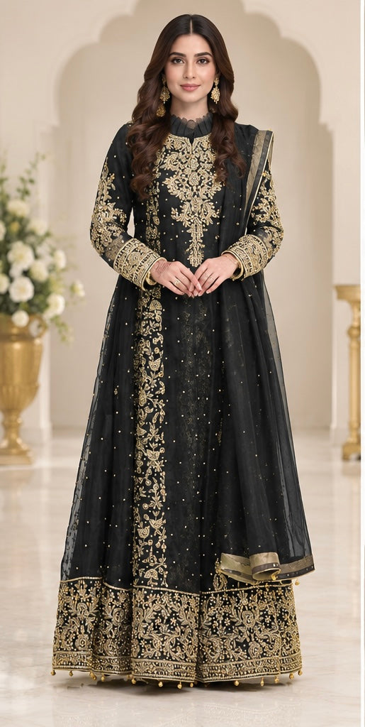 Zayan Clothing | RTW Embroidered Luxury Formal | Black & Gold Dress