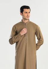 Formal Sand Beige Kurta Shalwar - Collar Neck Embroidered - Men