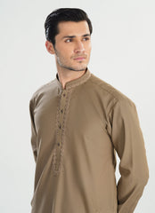 Formal Sand Beige Kurta Shalwar - Collar Neck Embroidered - Men