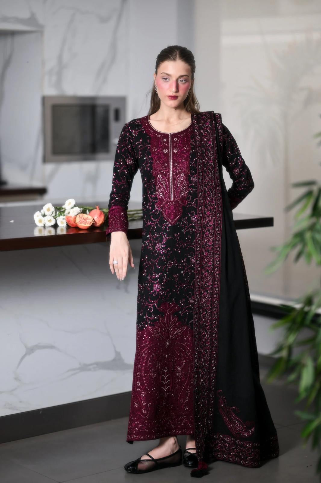 Zaib | BLACK AND MAROON LUXURY EMBROIDERED KARANDI 3PCS | SOON (NEL-26643)