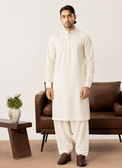 Formal Bosky White Kurta Shalwar - Collar Neck Embroidered - Men
