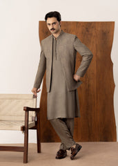 Taupe Kurta Trouser with Embroidered Open Prince Coat - 3PC