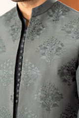Army Green Kurta Trouser with Open Embroidered Waistcoat  - 3PC