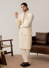 Bosky White Kurta Trouser with Open Embroidered Waistcoat  - 3PC