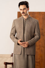 Taupe Kurta Trouser with Embroidered Open Prince Coat - 3PC