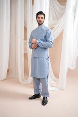 Sapphire Blue Luxury Formal Kameez Shalwar with Blended Waistcoat - Straight Cut - Men