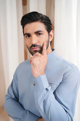 Sapphire Blue Luxury Formal Kameez Shalwar with Blended Waistcoat - Straight Cut - Men