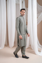 Sand Grey Luxury Formal Kameez Shalwar with Blended Waistcoat - Straight Cut - Men
