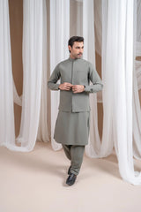 Sand Grey Luxury Formal Kameez Shalwar with Blended Waistcoat - Straight Cut - Men