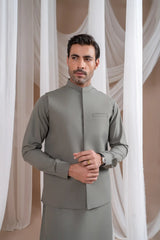 Sand Grey Luxury Formal Kameez Shalwar with Blended Waistcoat - Straight Cut - Men