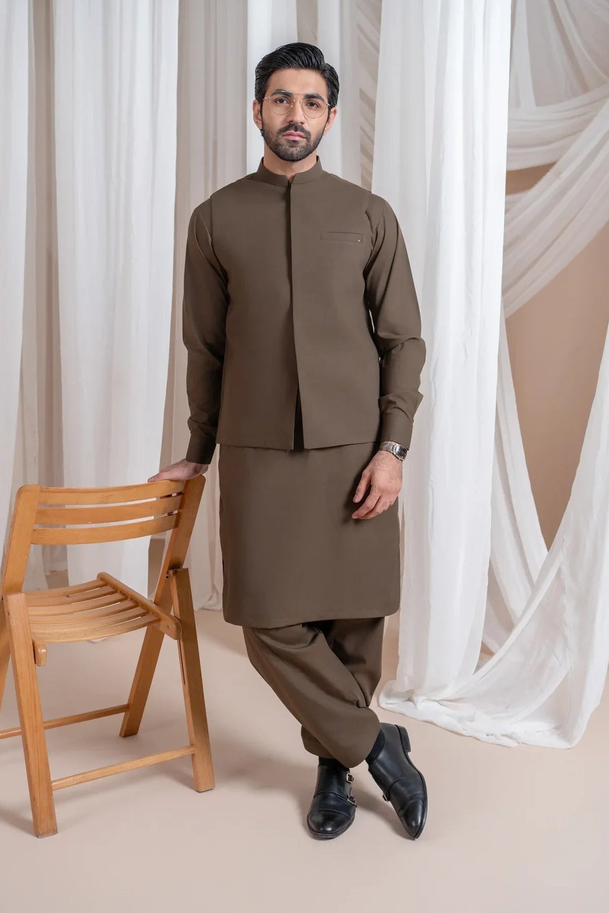 Light Brown Luxury Formal Kameez Shalwar with Blended Waistcoat - Straight Cut - Men
