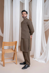 Light Brown Luxury Formal Kameez Shalwar with Blended Waistcoat - Straight Cut - Men
