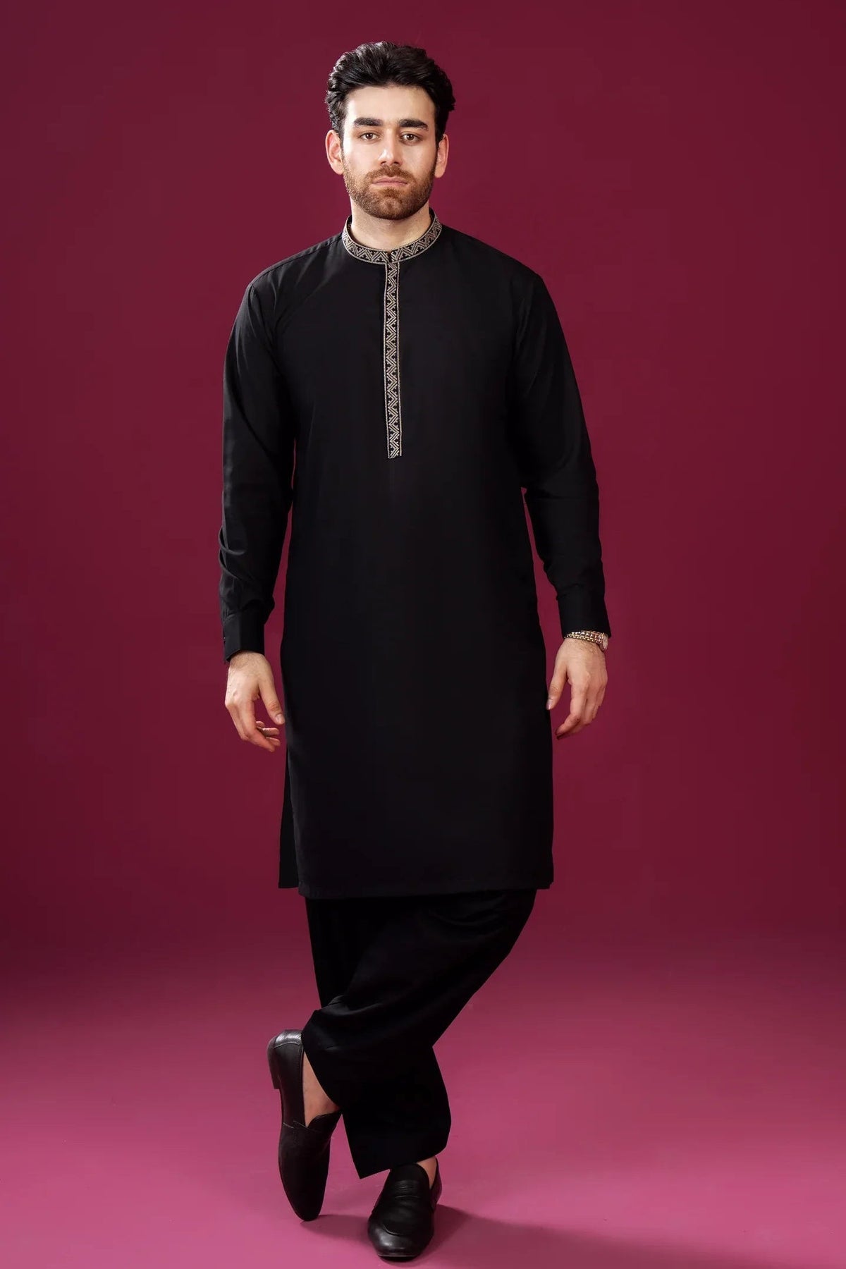 Formal Black Kurta Shalwar - Pattern Collar Neck Embroidered - Men
