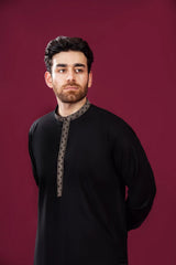 Formal Black Kurta Shalwar - Pattern Collar Neck Embroidered - Men