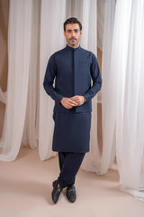 Navy Blue Formal Kameez Shalwar with Blended Waistcoat - Straight Cut - Men