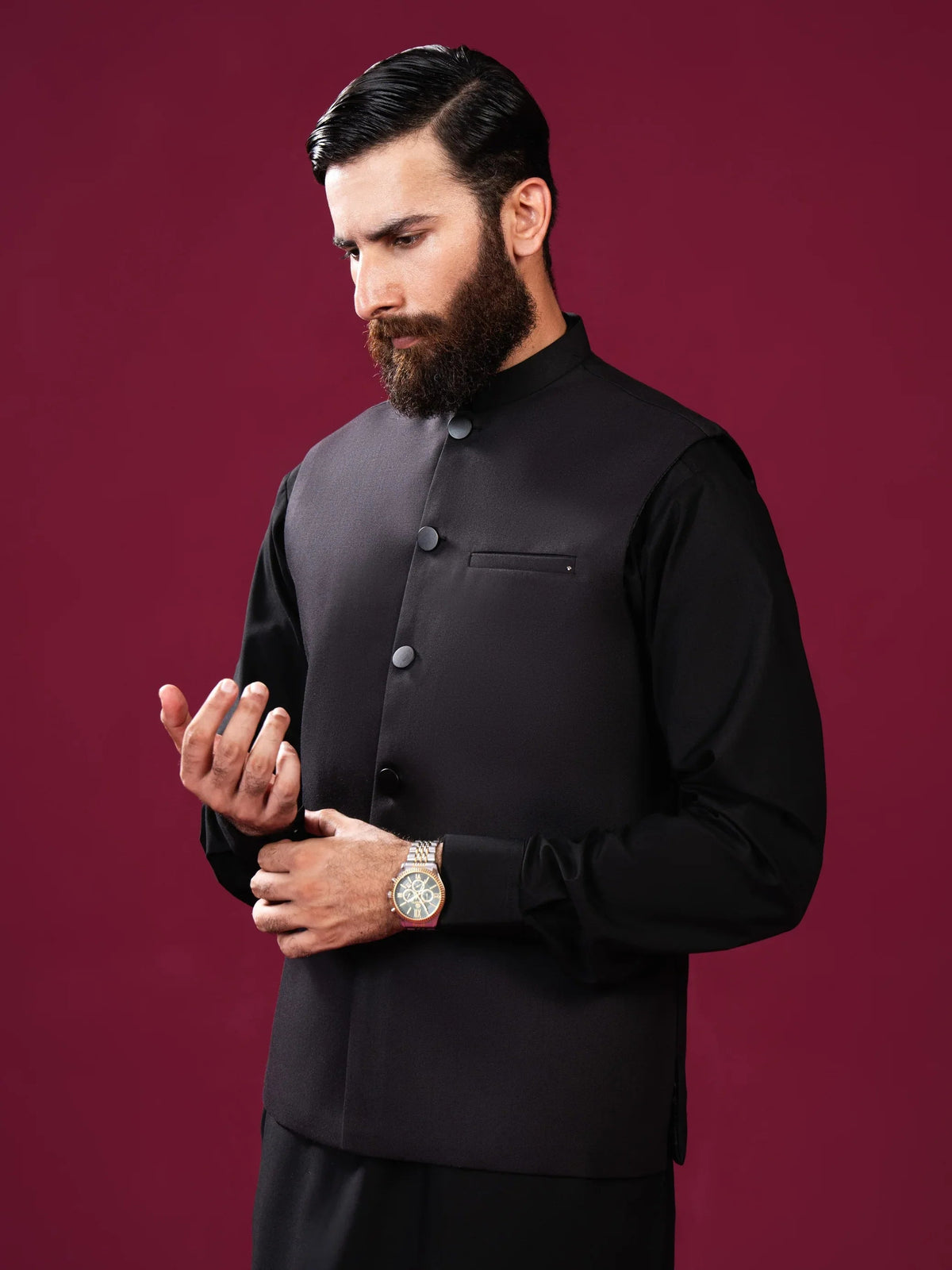 Black Suiting Waistcoat - Straight Cut Buttoned - Men