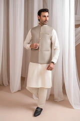 Bosky White Kurta Shalwar with Beige Suiting Waistcoat - Straight Cut - Men