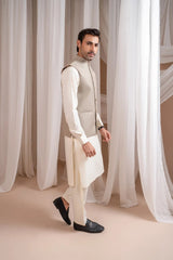 Bosky White Kurta Shalwar with Beige Suiting Waistcoat - Straight Cut - Men