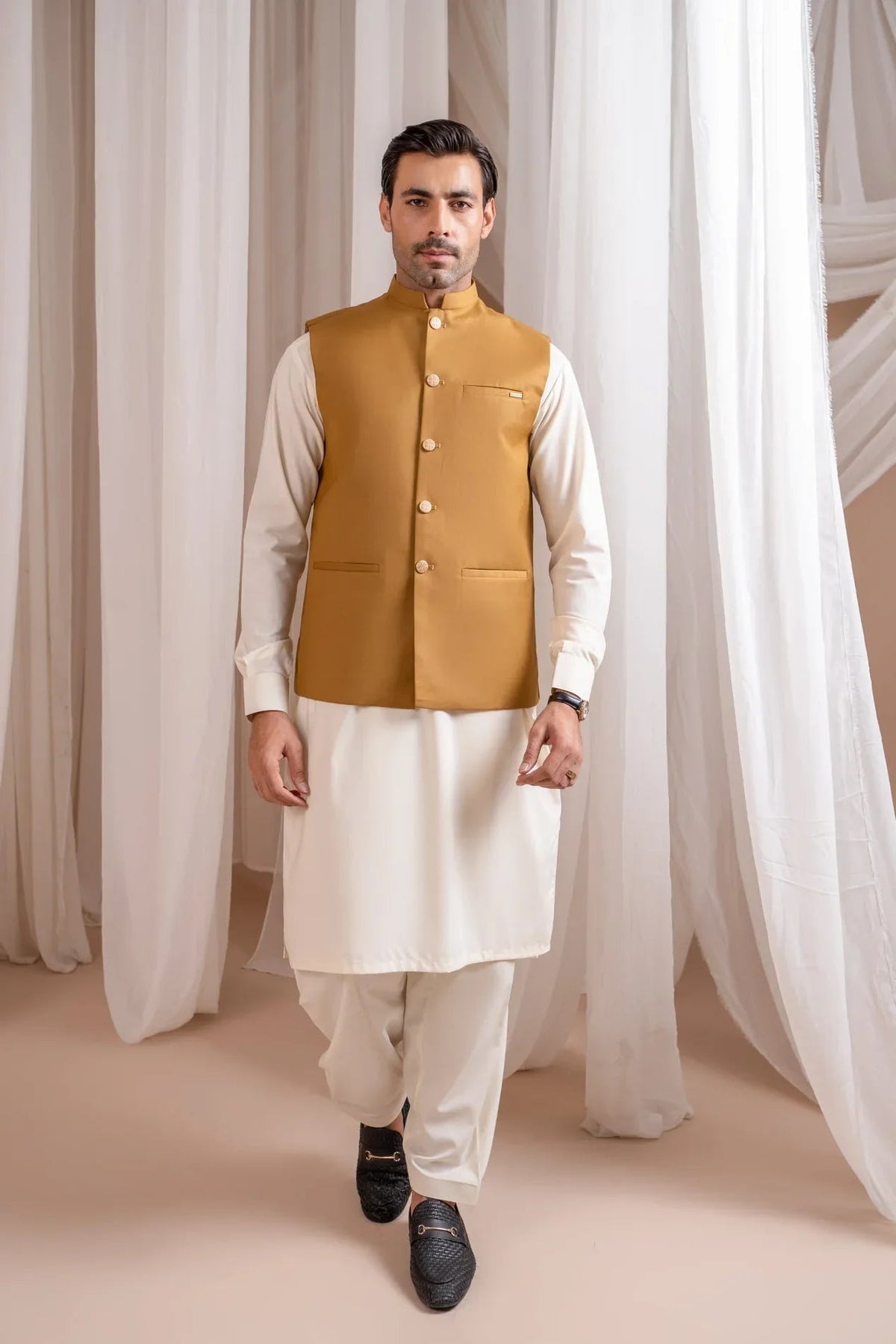 Bosky White Kurta Shalwar with Camel Suiting Waistcoat - Straight Cut - Men