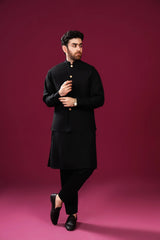 Black Kurta Trouser with Blended Waistcoat - Straight Cut - Men