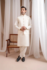 Bosky White Luxury Formal Kameez Shalwar with Blended Waistcoat - Straight Cut Buttoned - Men