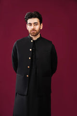 Black Kurta Trouser with Blended Waistcoat - Straight Cut - Men