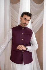 Off White Kurta Shalwar with Burgundy Suiting Waistcoat - Straight Cut - Men