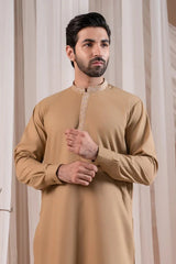 Formal Camel Kurta Shalwar - Collar Neck Embroidered - Men
