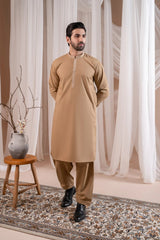 Formal Camel Kurta Shalwar - Collar Neck Embroidered - Men