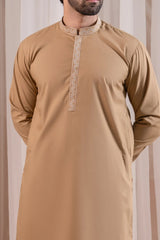 Formal Camel Kurta Shalwar - Collar Neck Embroidered - Men