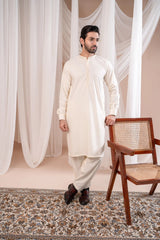 Formal Bosky White Kurta Shalwar - Collar Neck Embroidered - Men