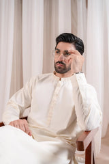 Formal Bosky White Kurta Shalwar - Collar Neck Embroidered - Men