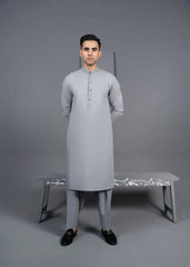 Silver - Detailed Men's Kameez Shalwar - Jeeva Textile