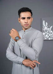Silver - Detailed Men's Kameez Shalwar - Jeeva Textile