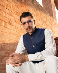 Off White Kameez Shalwar with Navy Blue Suiting Waistcoat - Round Cut - Men
