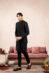 Black Kurta Trouser with Cross Stitched Embroidered Prince Coat - 3PC - Men
