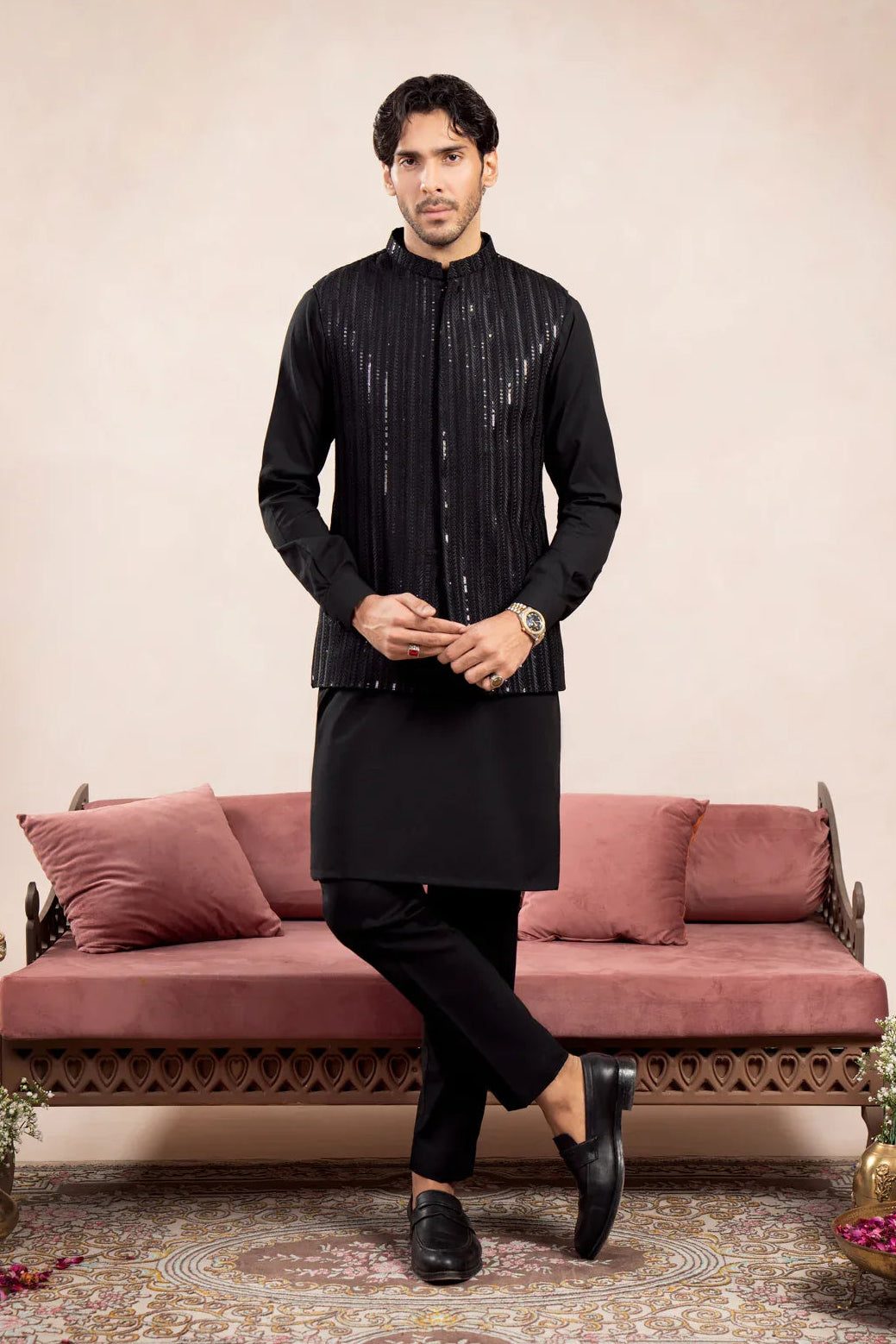 Black Kurta Trouser with Falling Arrow Embroidered Waistcoat - 3PC - Men
