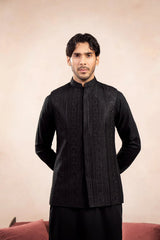 Black Kurta Trouser with Cross Stitched Embroidered Waistcoat - 3PC - Men