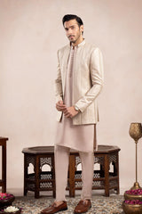 Coffee Beige Loop Kurta Trouser with Arrow Embroidered Open Prince Coat - 3PC - Men
