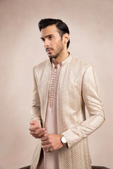 Coffee Beige Loop Kurta Trouser with Arrow Embroidered Open Prince Coat - 3PC - Men