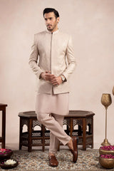 Coffee Beige Kurta Trouser with Square Embroidered Prince Coat - 3PC - Men