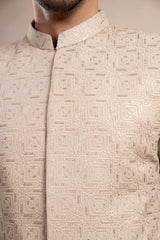 Coffee Beige Kurta Trouser with Square Embroidered Prince Coat - 3PC - Men