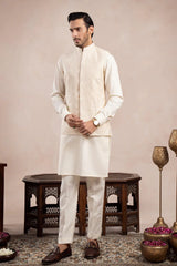 Bosky White Kurta Trouser with Cross Stitched Embroidered Waistcoat  - 3PC - Men