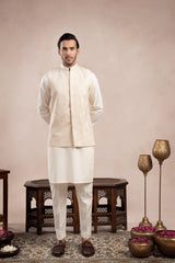 Bosky White Kurta Trouser with Cross Stitched Embroidered Waistcoat  - 3PC - Men