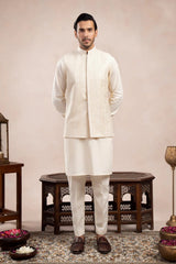 Bosky White Kurta Trouser with Falling Embroidered Waistcoat  - 3PC - Men
