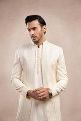 Bosky White Loop Kurta Trouser with Falling Embroidered Open Prince Coat - 3PC - Men