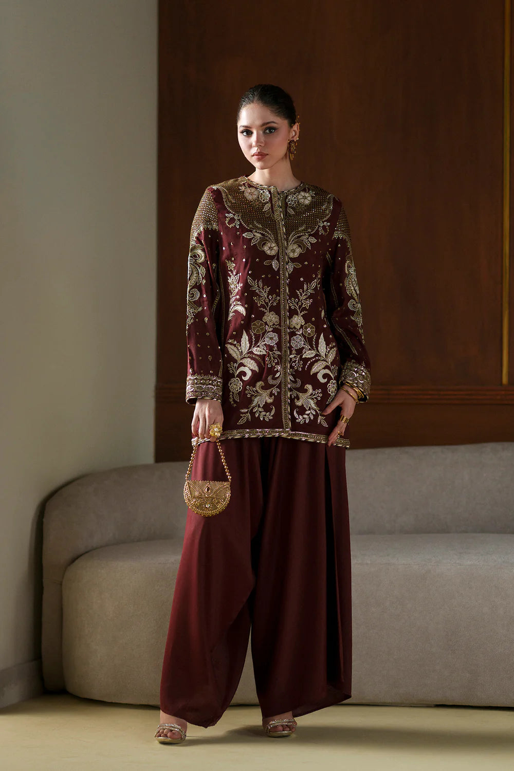 Ethnc | 2 Piece EMBROIDERED SUIT 26 | BURGUNDY E1077