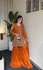 Zayan Clothing UK | Rust Orange Embroidered Formal | Shirt With Gharara – 2 Pc